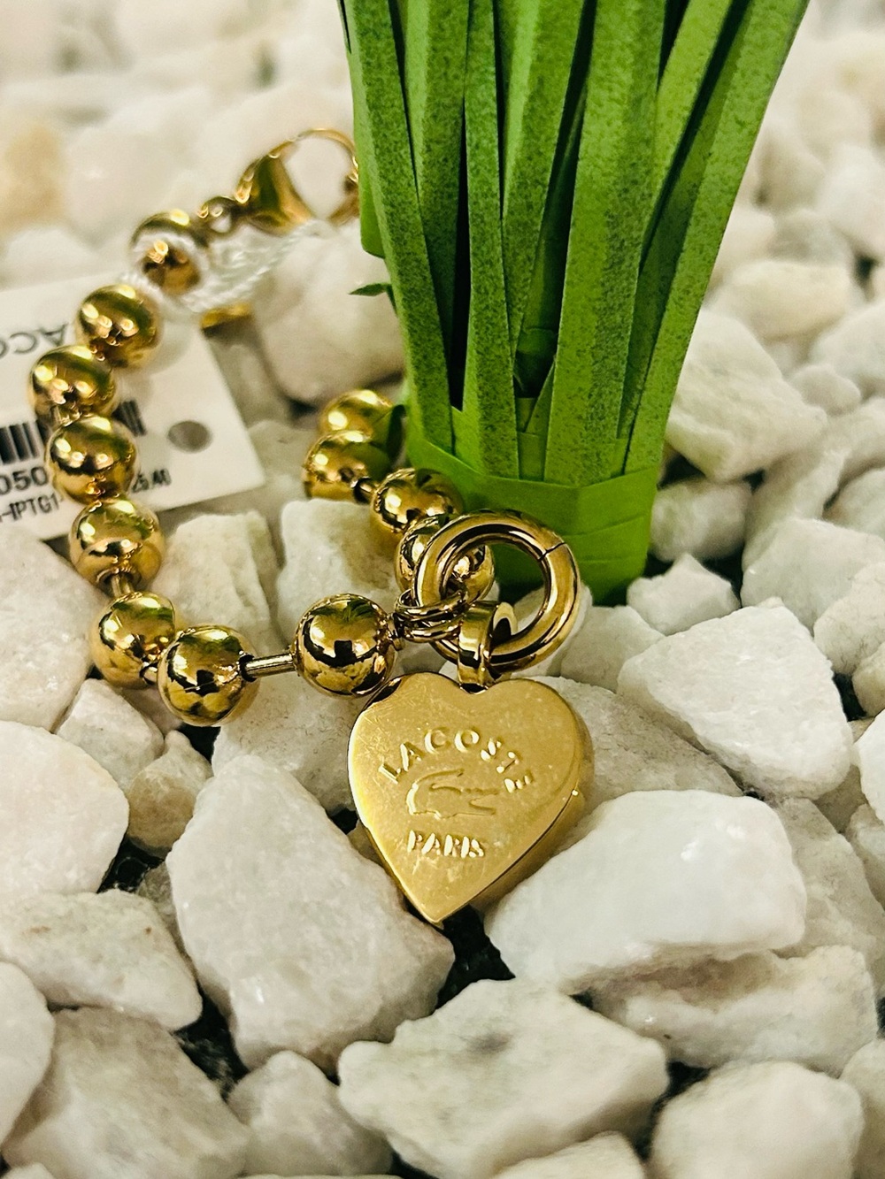 Lacoste Gold Heart Charm Beaded Bracelet with Logo